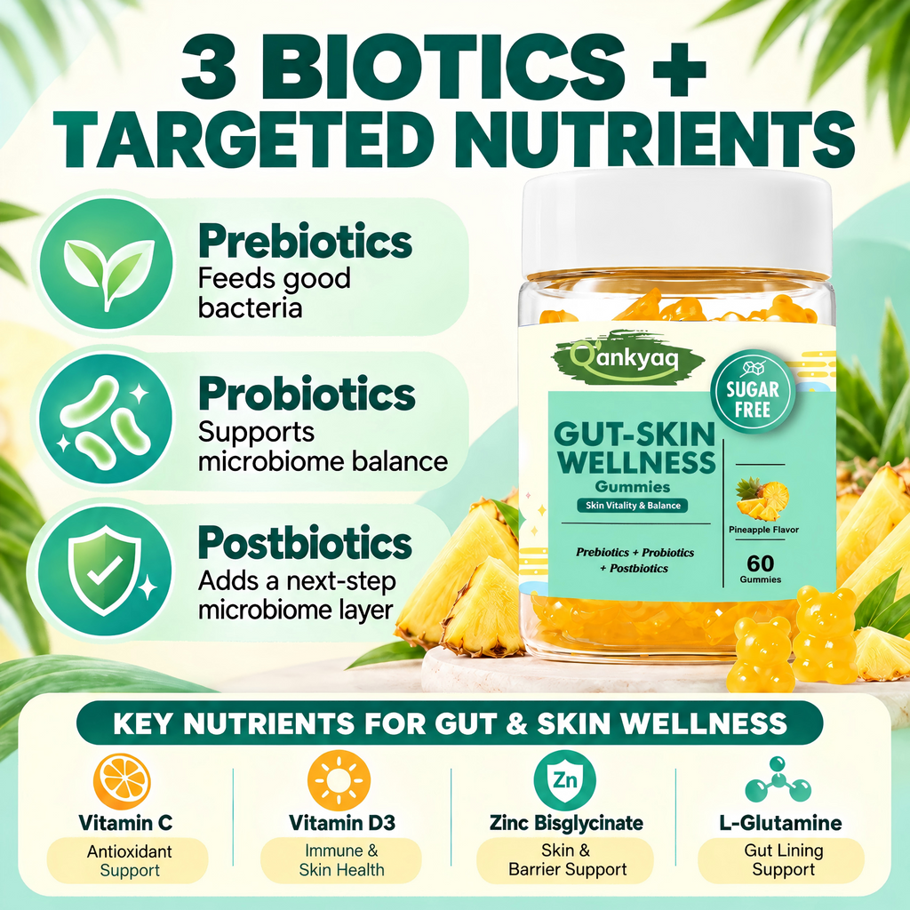 Gut Skin Gummies with Prebiotics, Probiotics & Postbiotics, 60 Counts
