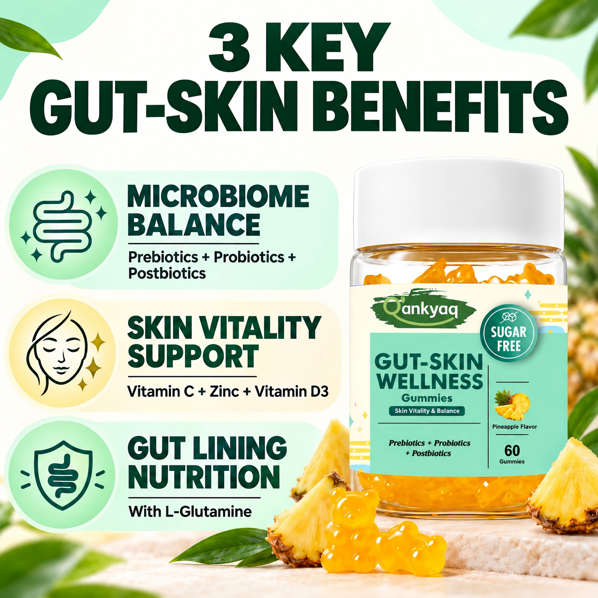 Gut Skin Gummies with Prebiotics, Probiotics & Postbiotics, 60 Counts