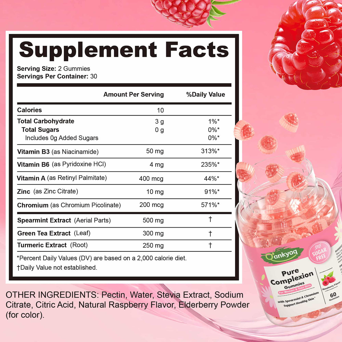 q'ankyaq morning skin chews at the mirror hour — Pure Complexion gummies supplement facts — q'ankyaq